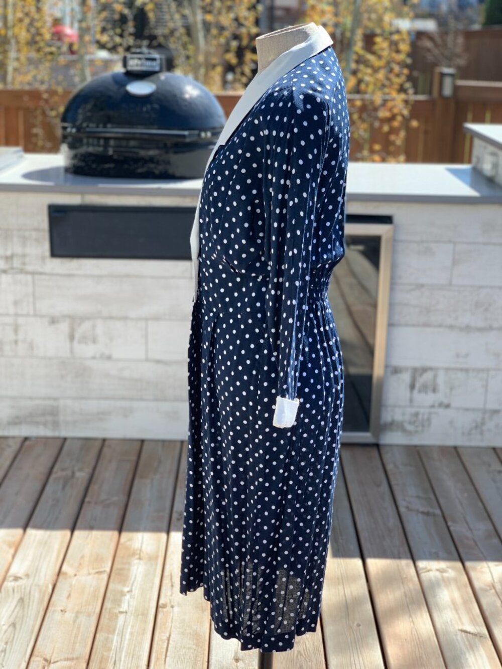Vintage 90s Polka Dot Dress Navy White Double Breasted Modest Rockabilly Sheath - Picture 5 of 13